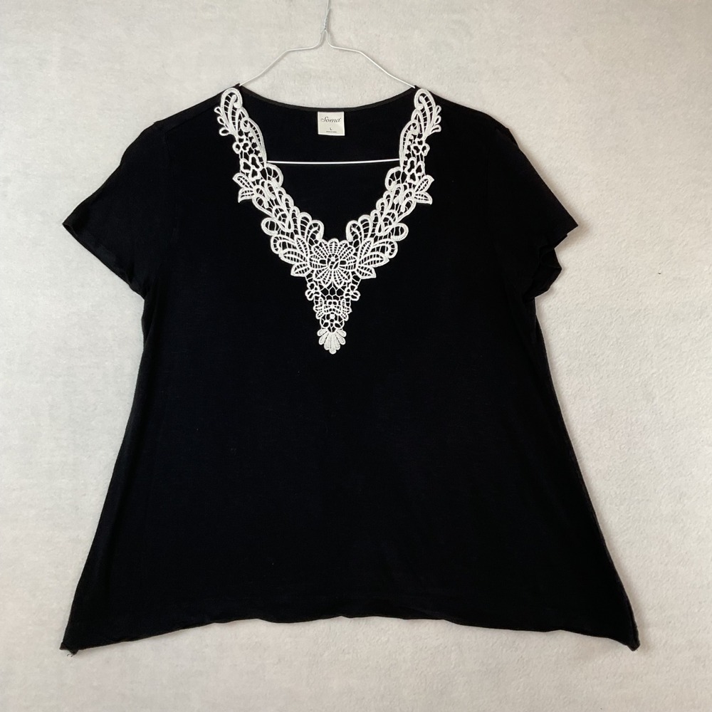 Soma Womens Black Lace V-Neck Short Sleeve Slub‎ Knit A-Line Top Large